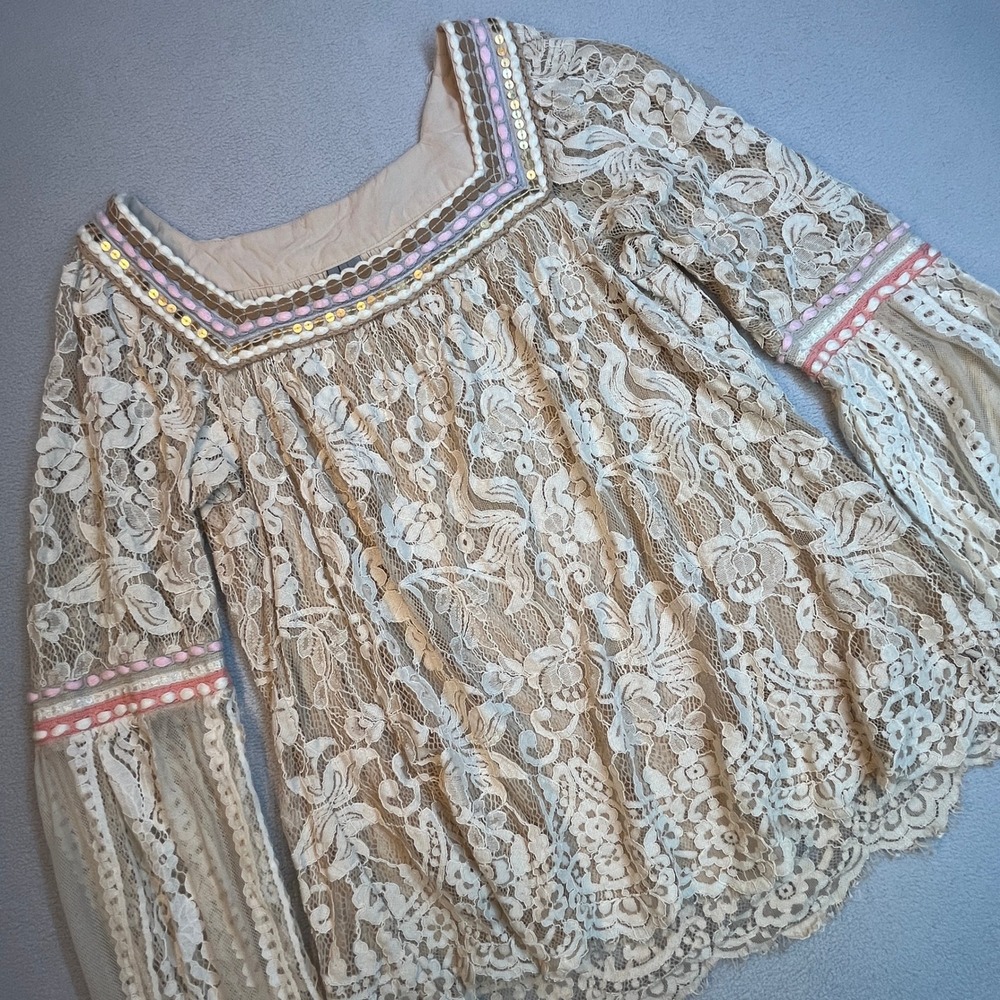 Blank London Anthropologie Beige Lace Peasant Floral Boho Blouse Small Womens